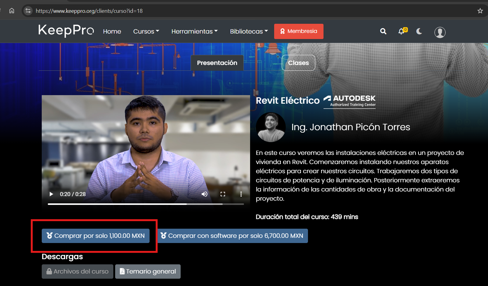 Botón comprar en la página del curso Keeppro