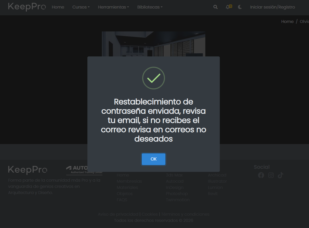 Mensaje de confirmación de restablecimiento de contraseña en Keeppro