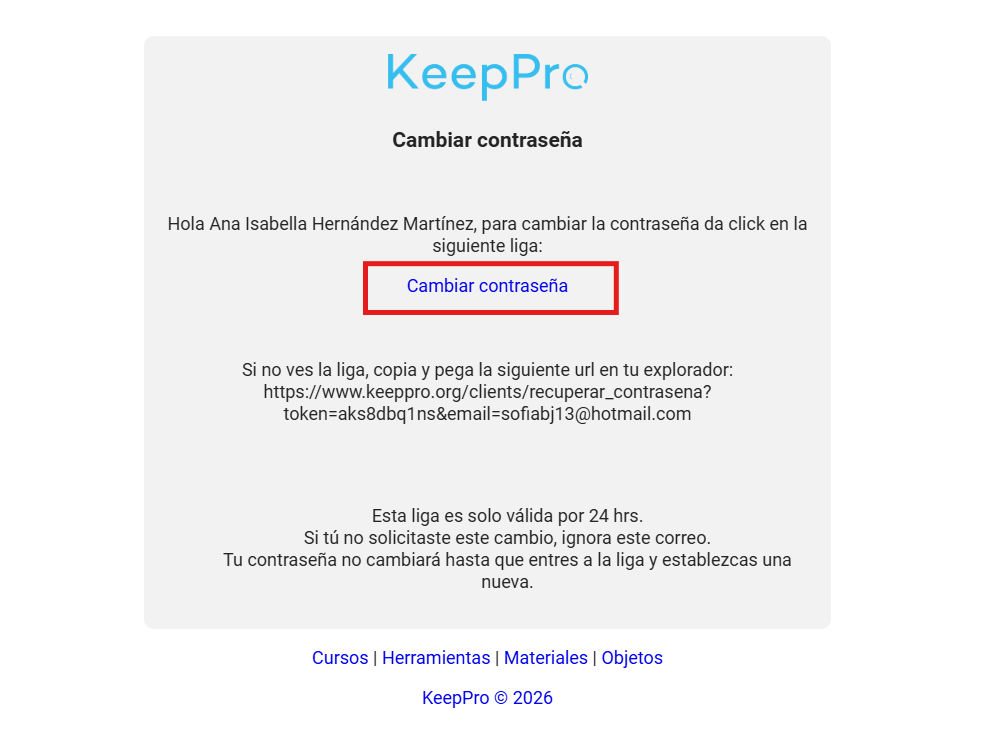 Correo para cambiar contraseña de Keeppro