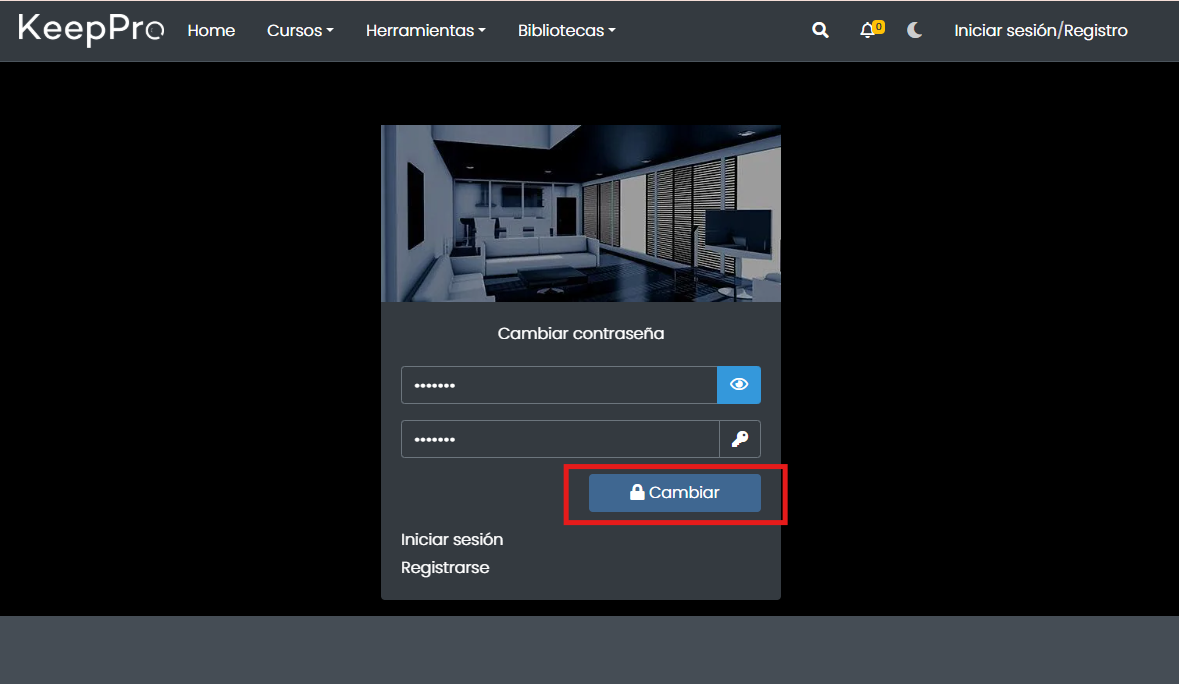Formulario para cambiar contraseña en Keeppro