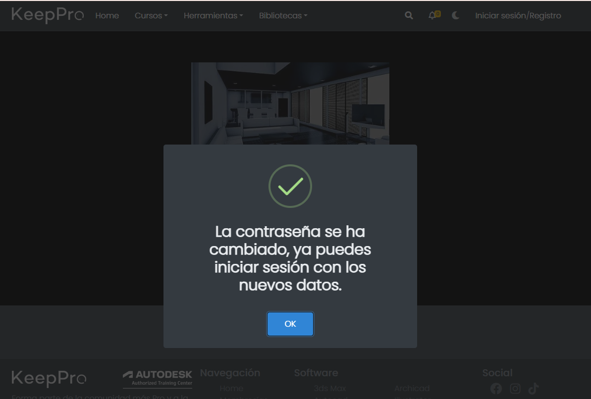 Mensaje de contraseña cambiada con éxito en Keeppro