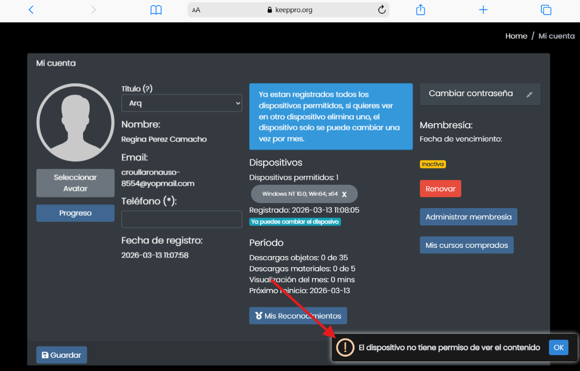 Mensaje dispositivo no tiene permiso de ver el contenido Keeppro