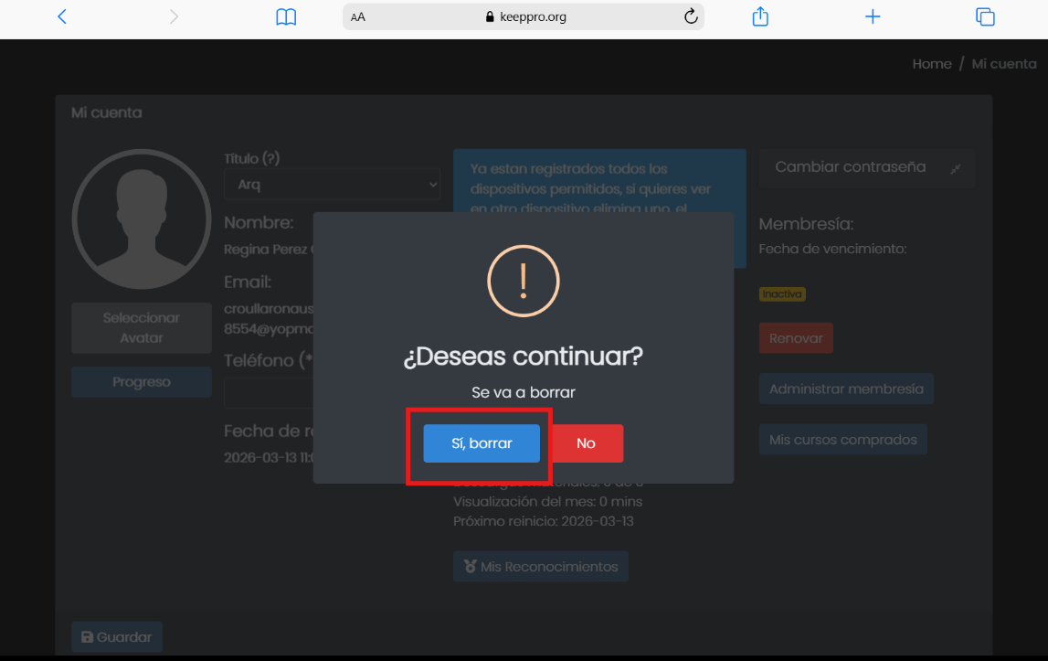 Confirmación para borrar dispositivo en Keeppro