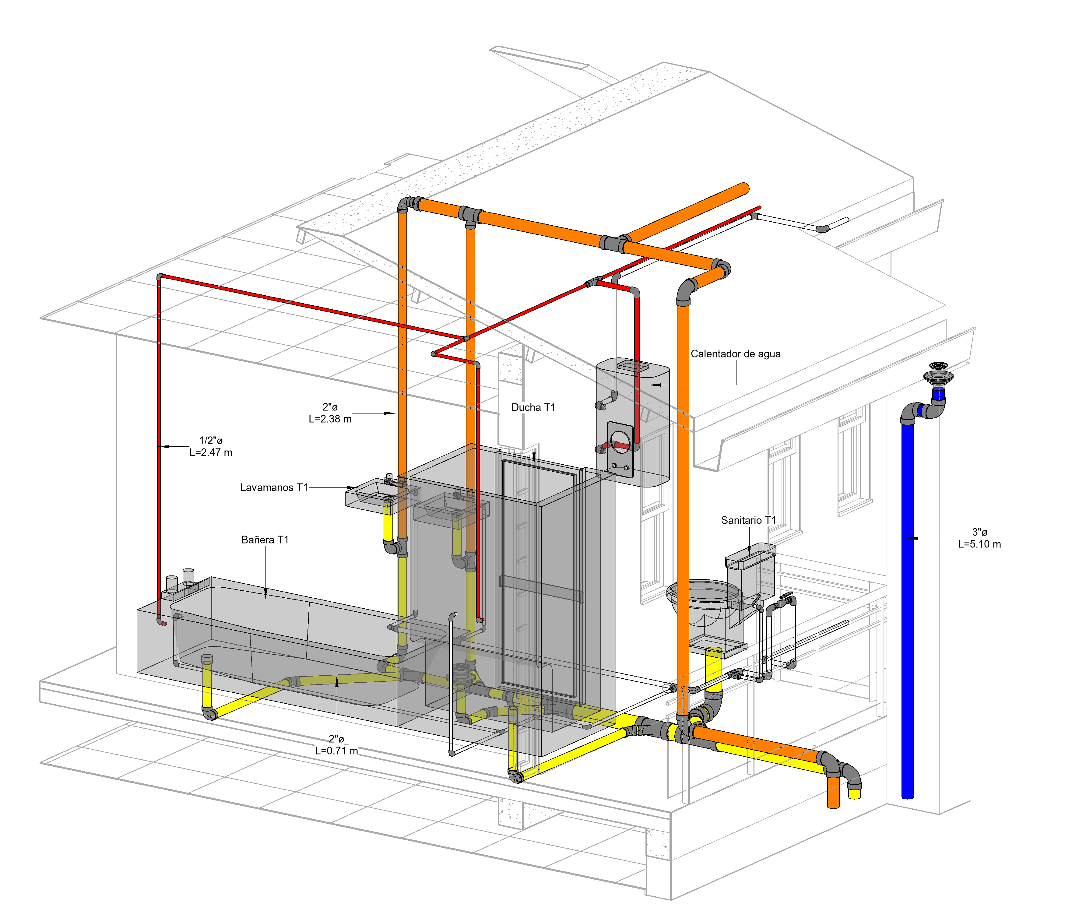 Modelo 3D de instalaciones hidrosanitarias en Revit