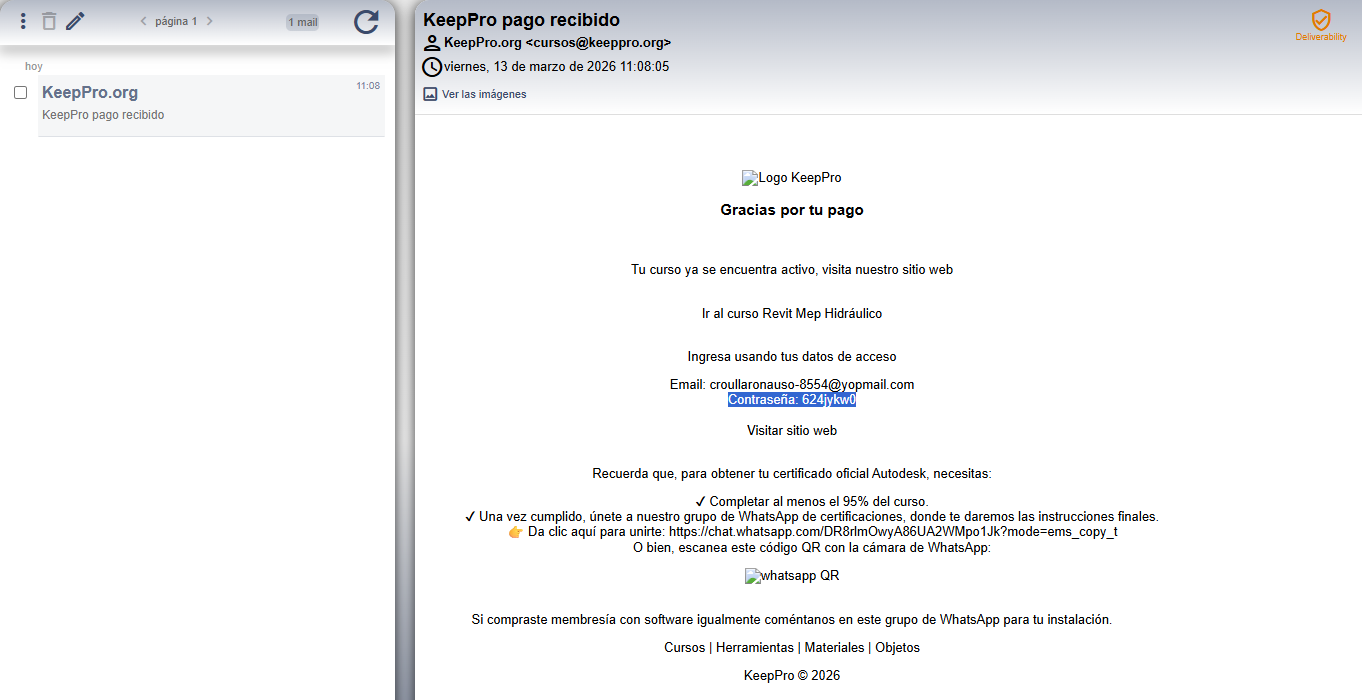 Correo de acceso enviado por Keeppro