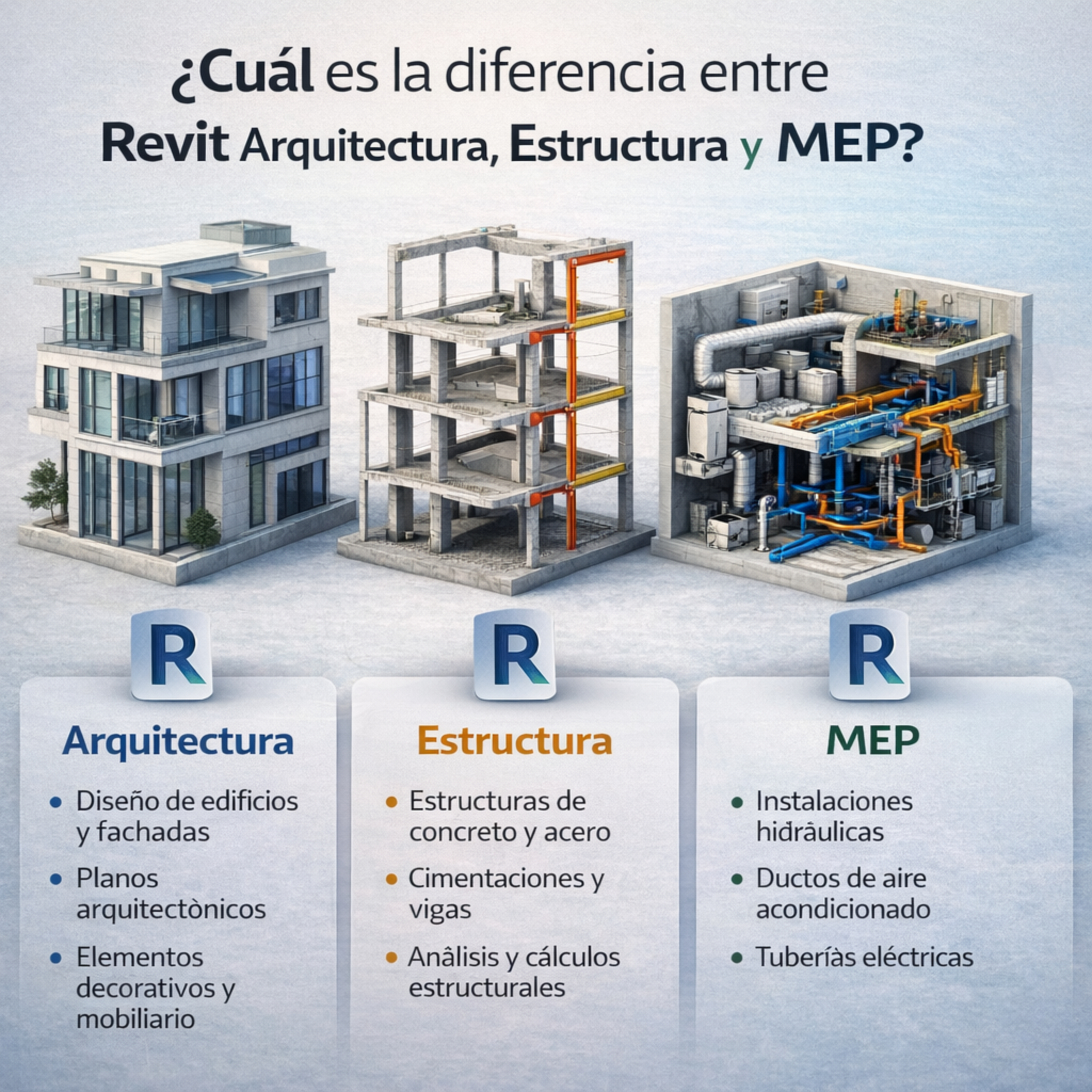 Diferencia entre Revit arquitectura, estructura y MEP