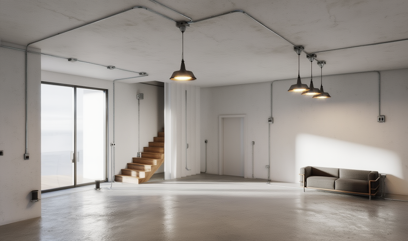 Render blanco con instalación eléctrica para curso Revit Eléctrico